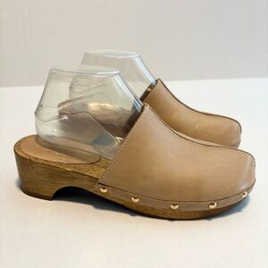 Bird of Flight Studded Mule Clogs Tan Leather Wood Sole Size 8.5 Boho Festival